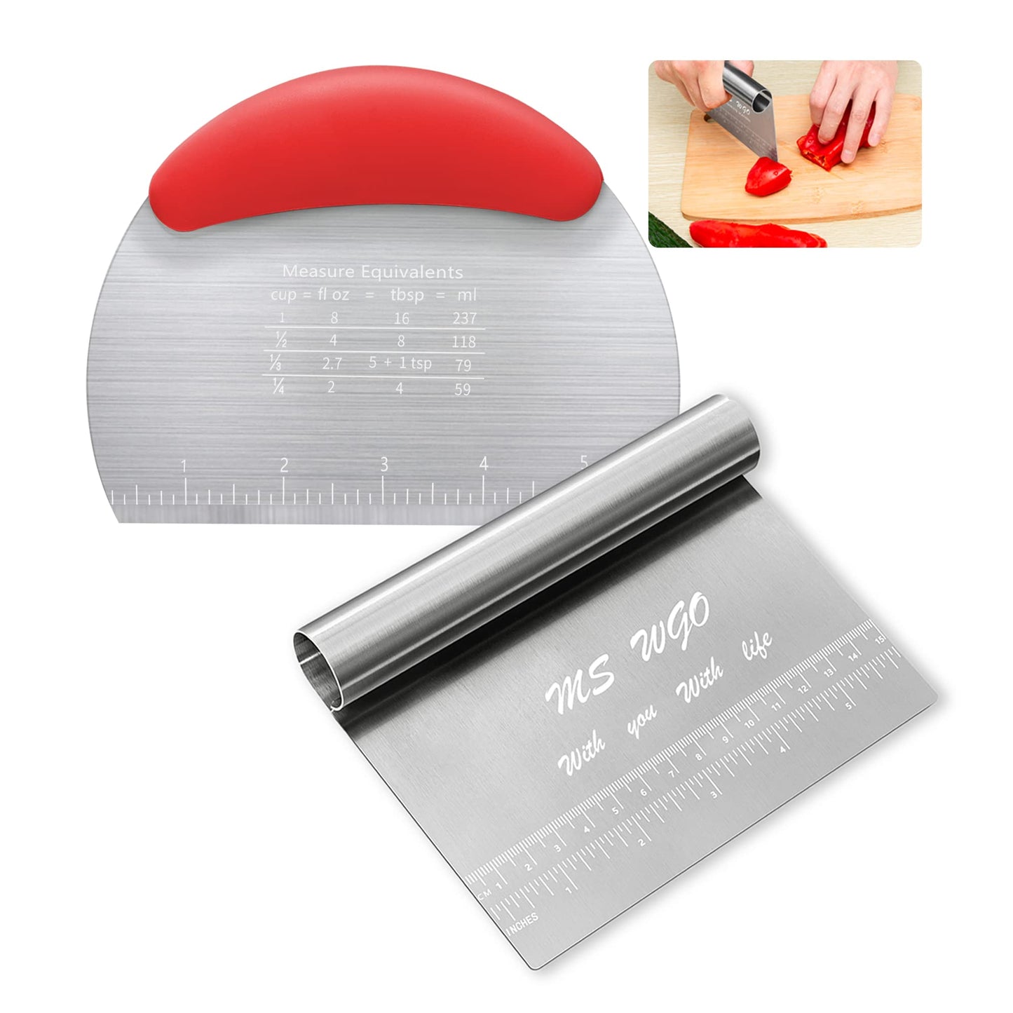 MS WGO Bench Scraper Dough Pastry Pizza Cutter Dough Scraper Tool Kitchen Food Scraper Stainless Steel with Handle for Butter Cookie Dough Vegetable RED