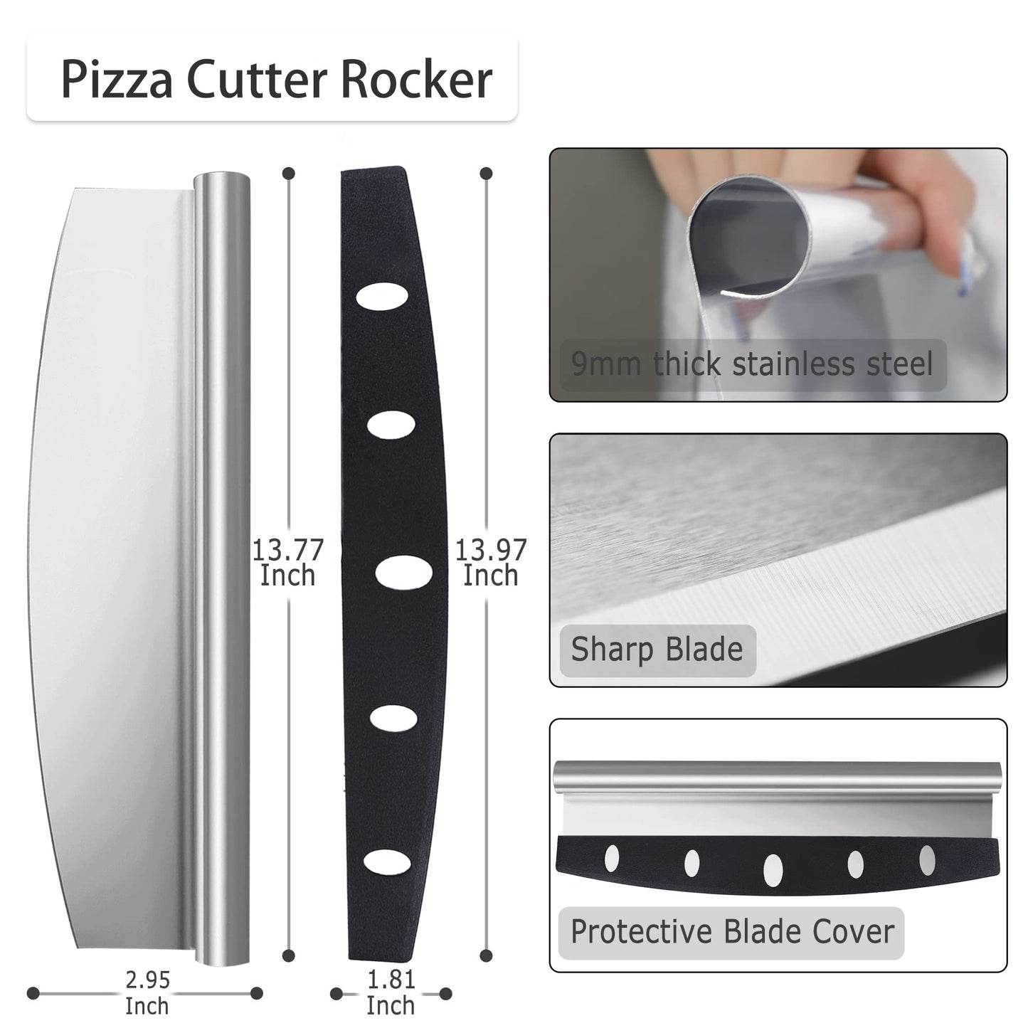 MS WGO Pizza Cutter Rocker 14 inch Sharp Stainless Steel Slicer Knife with Protective Blade Cover for Kitchen Dishwasher Safe