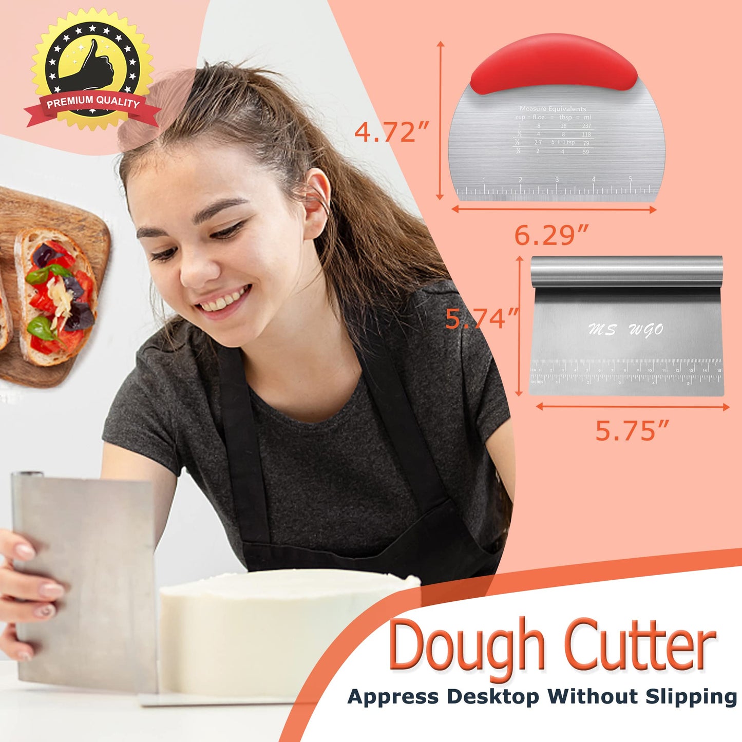 MS WGO Bench Scraper Dough Pastry Pizza Cutter Dough Scraper Tool Kitchen Food Scraper Stainless Steel with Handle for Butter Cookie Dough Vegetable RED