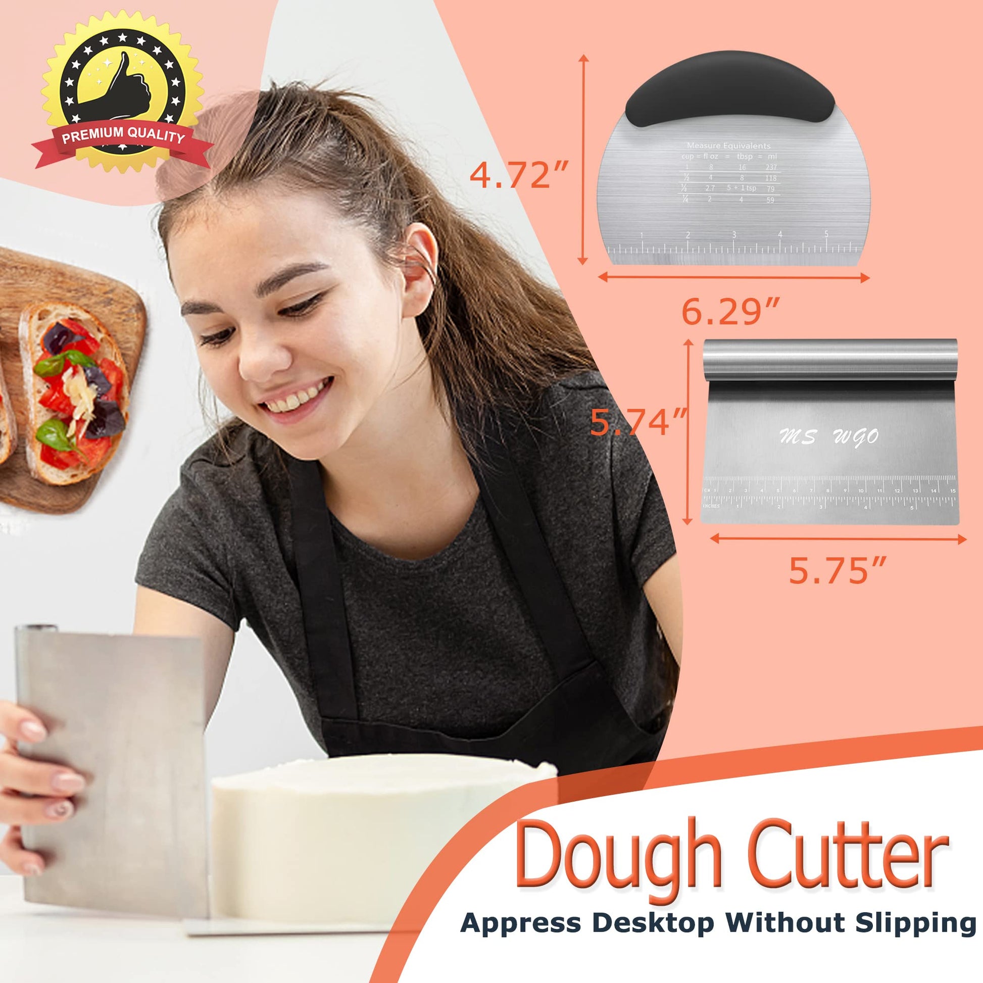 MS WGO Pro Dough Pastry Scraper/Cutter/Chopper Stainless Steel Mirror  Polished with Measuring Scale Multipurpose- Cake, Pizza Cutter 