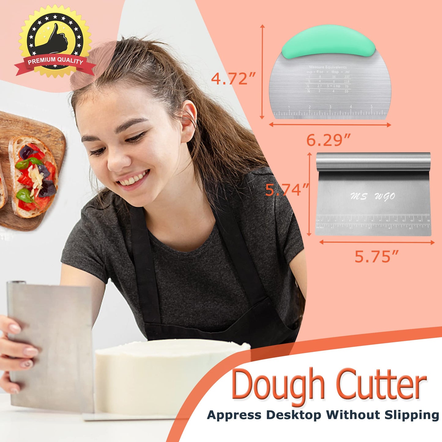 MS WGO Bench Scraper Dough Pastry Pizza Cutter Dough Scraper Tool Kitchen Food Scraper Stainless Steel with Handle for Butter Cookie Dough Vegetable SKY BLUE