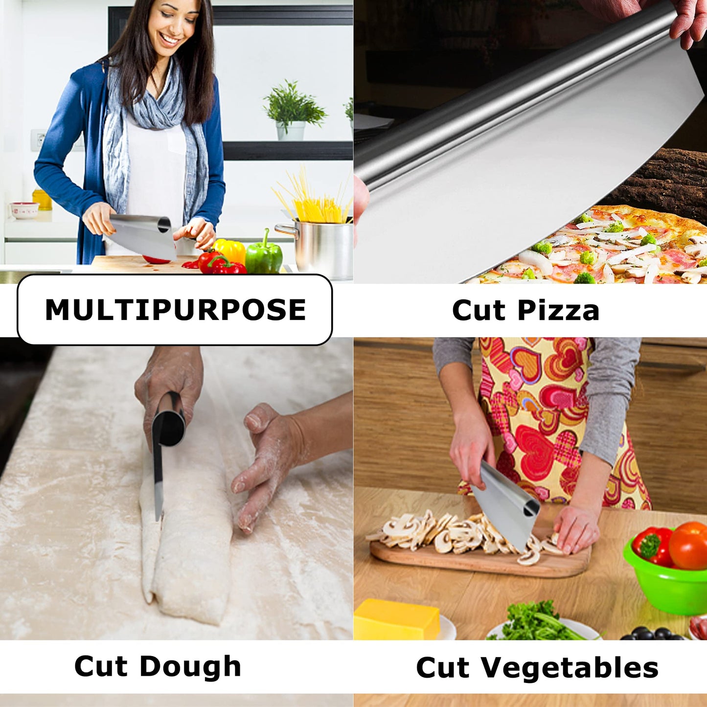 MS WGO Pizza Cutter Rocker 14 inch Sharp Stainless Steel Slicer Knife with Protective Blade Cover for Kitchen Dishwasher Safe